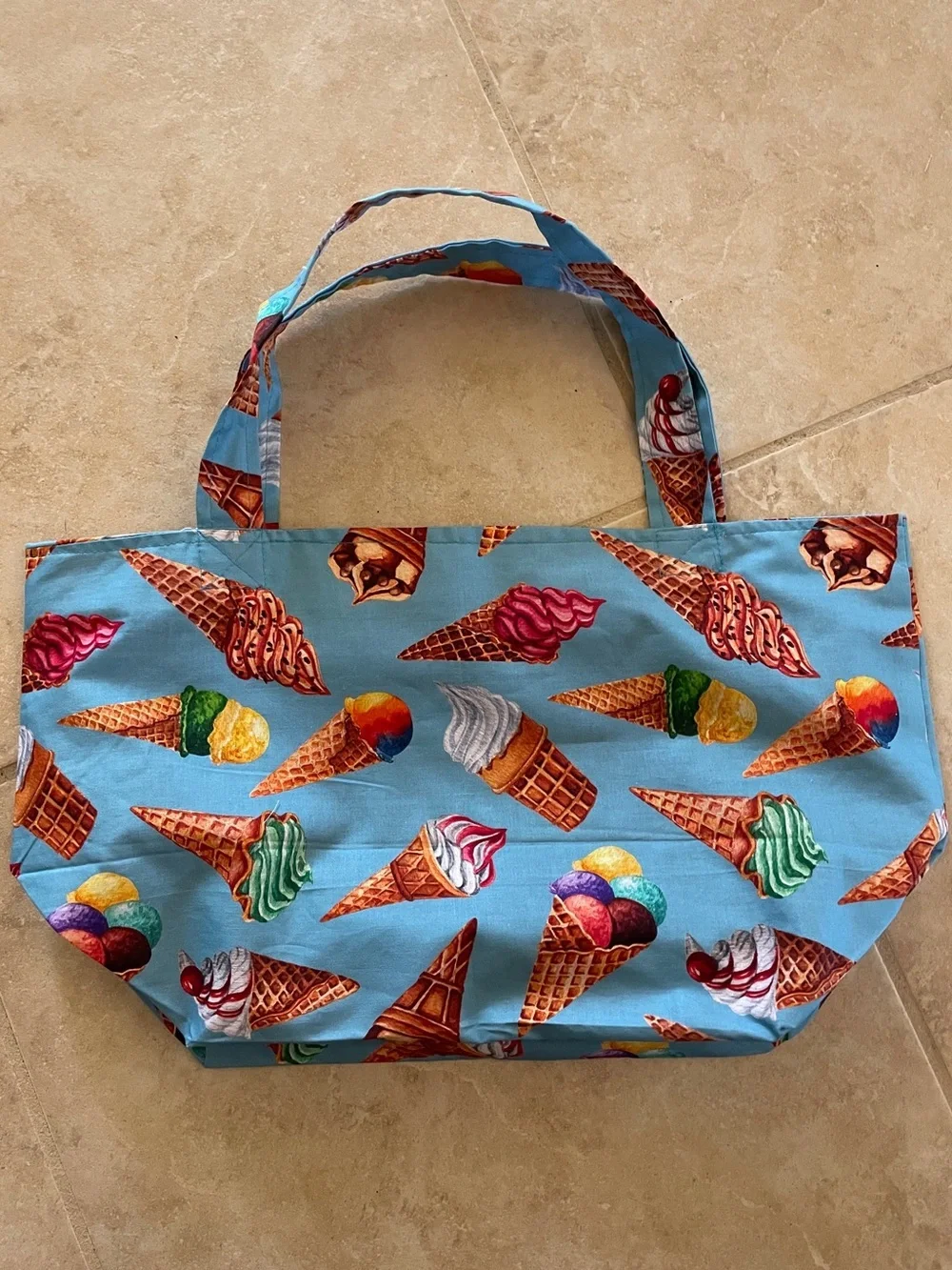 Handmade Ice Cream Print Tote Bag | Whimsical Summer Market Bag Blue Canvas Tote